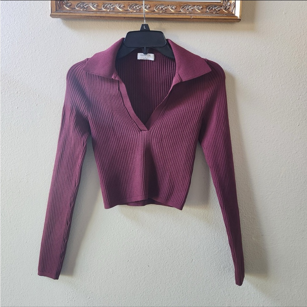 Aritzia Babaton ribbed knit long-sleeve top sweater in grapevine burgundy plum